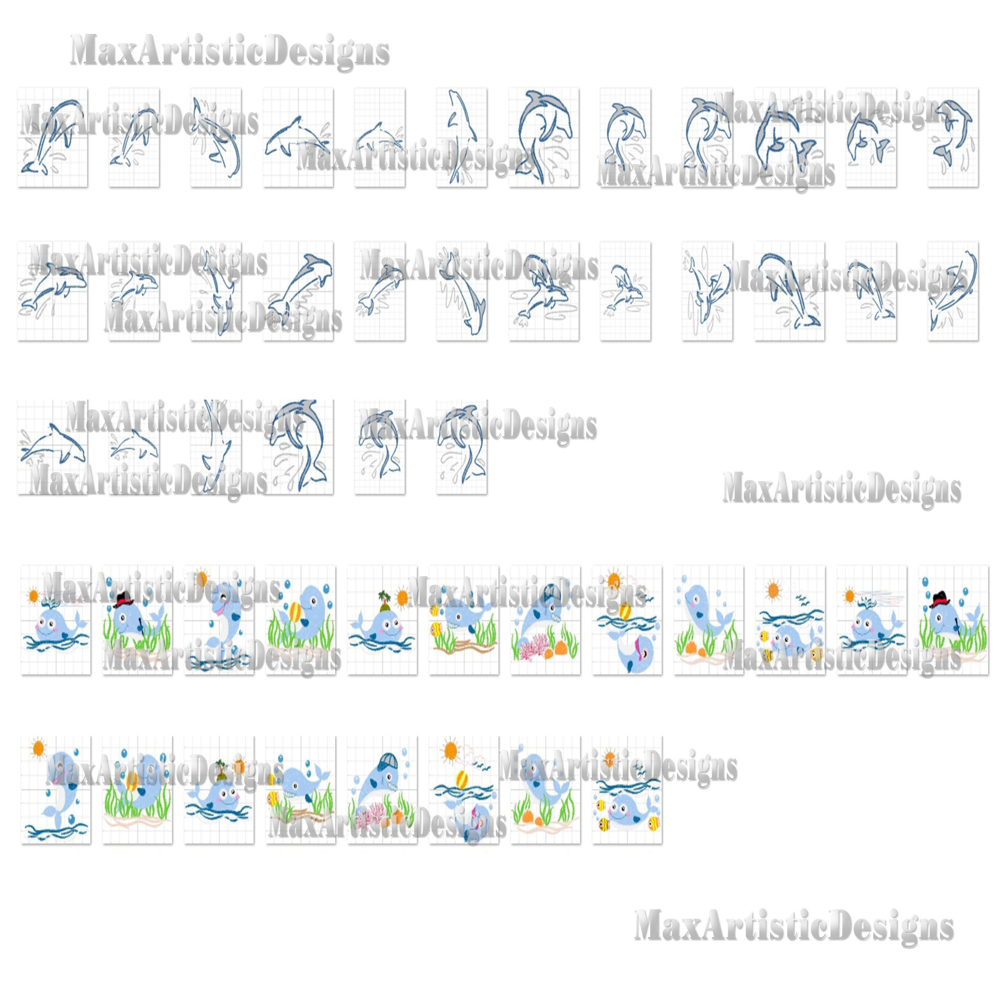 Plus de 90 motifs de broderie Dauphins – Motifs de broderie machine – format pes