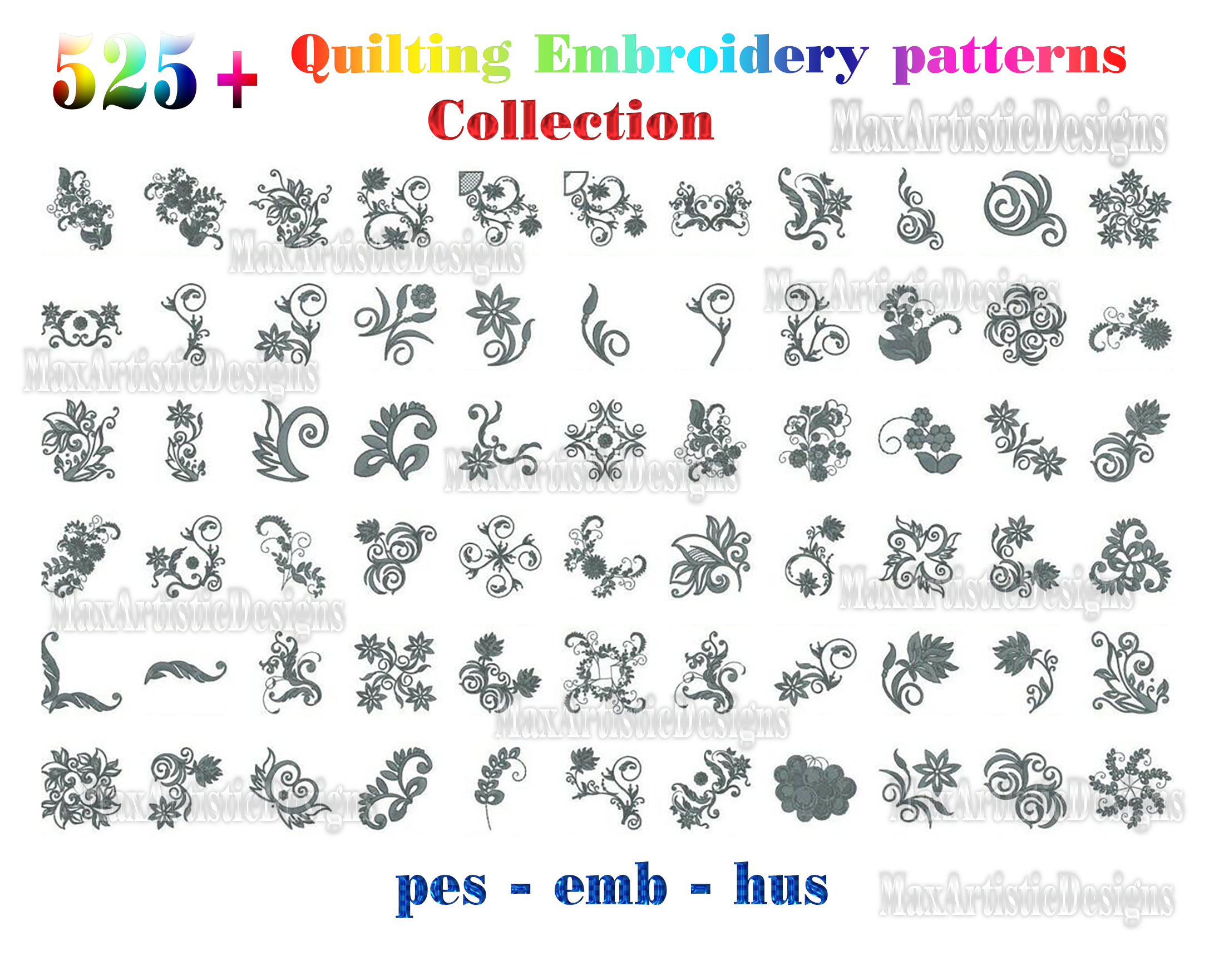 Collection de plus de 525 motifs de broderie quilting pour machine à broder aux formats pes emb hus