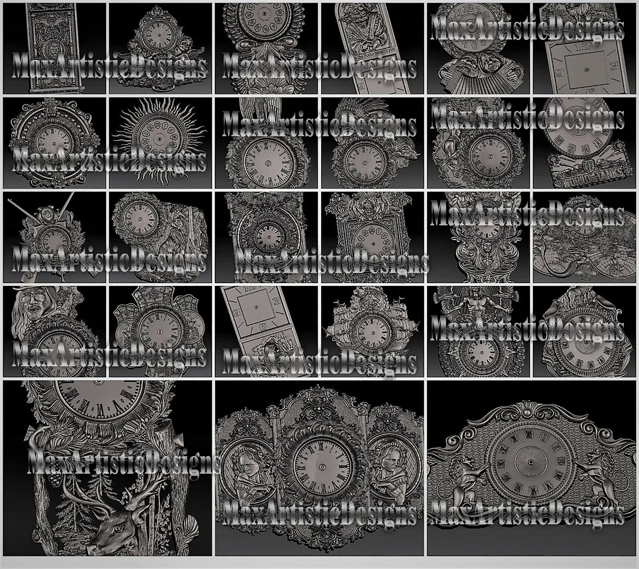 Más de 75 modelos 3d stl "colección de relojes de pared" para la impresora cnc artcam 3d aspire