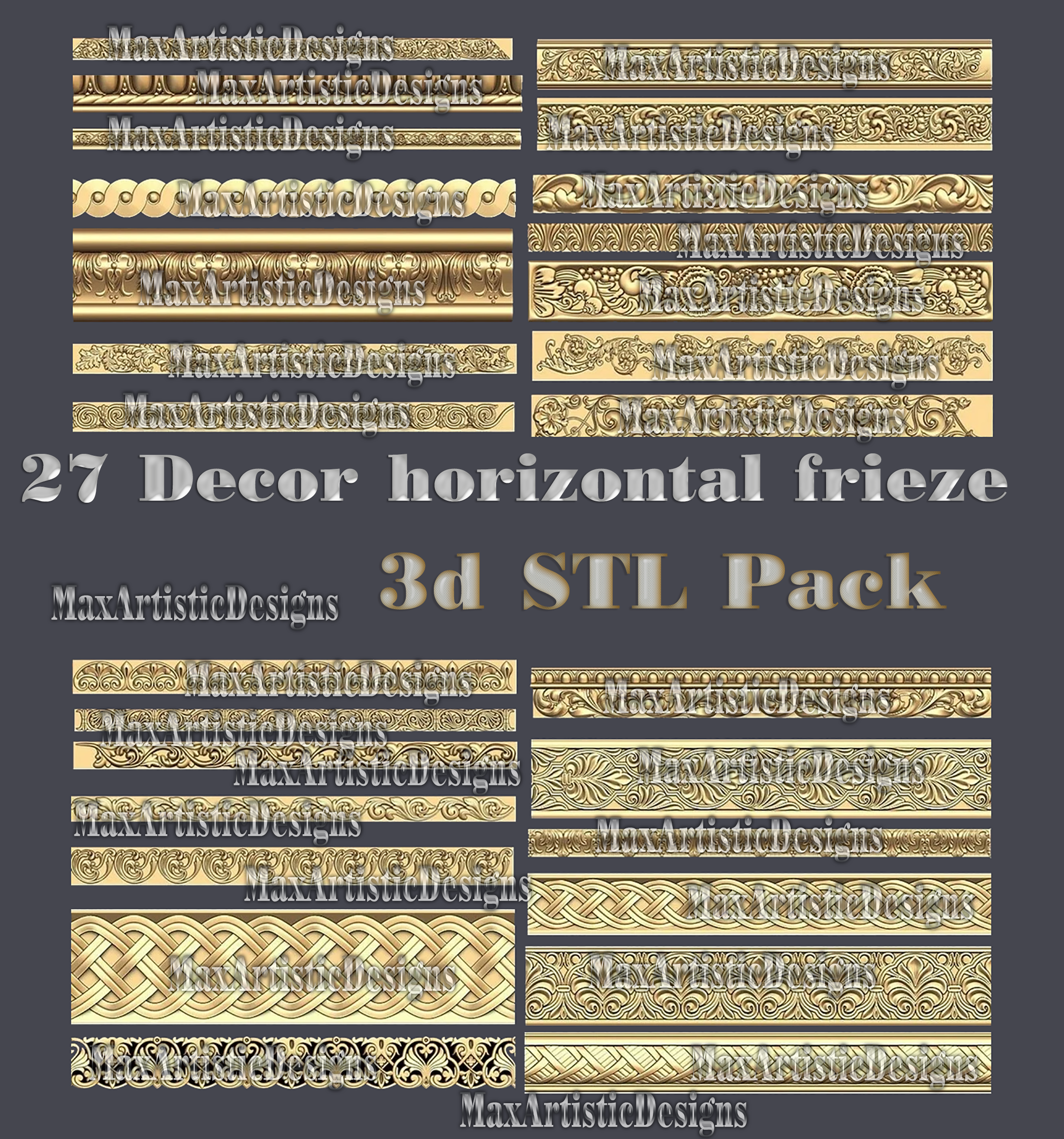 27 unità Modello 3D STL per decori cornici fregio orizzontale modello 3d bassorilievo per incisione modelli intaglio