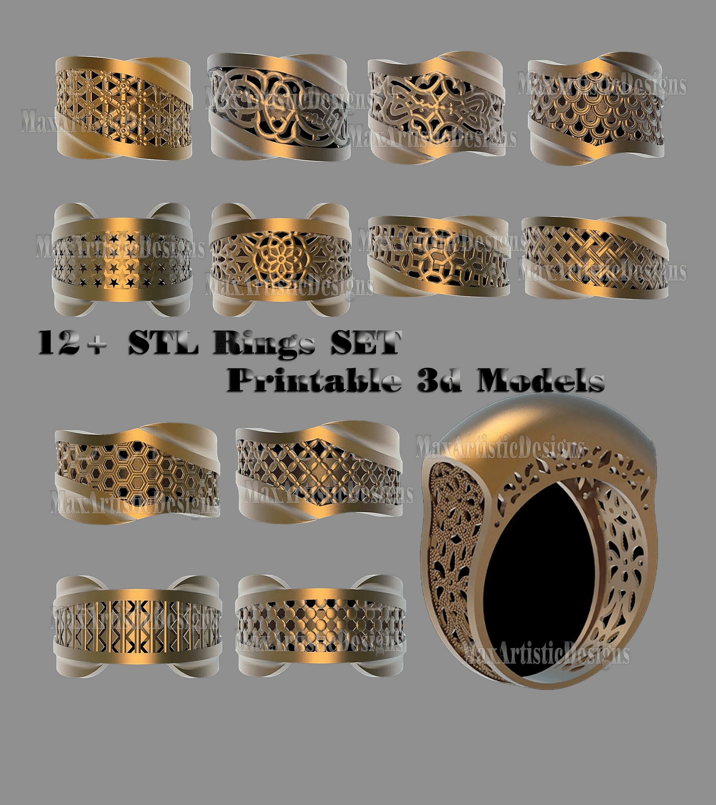 stl bijoux 12 pièces fichier d'impression 3d bijoux or argent "anneaux" ensemble de conception pour imprimantes cnc