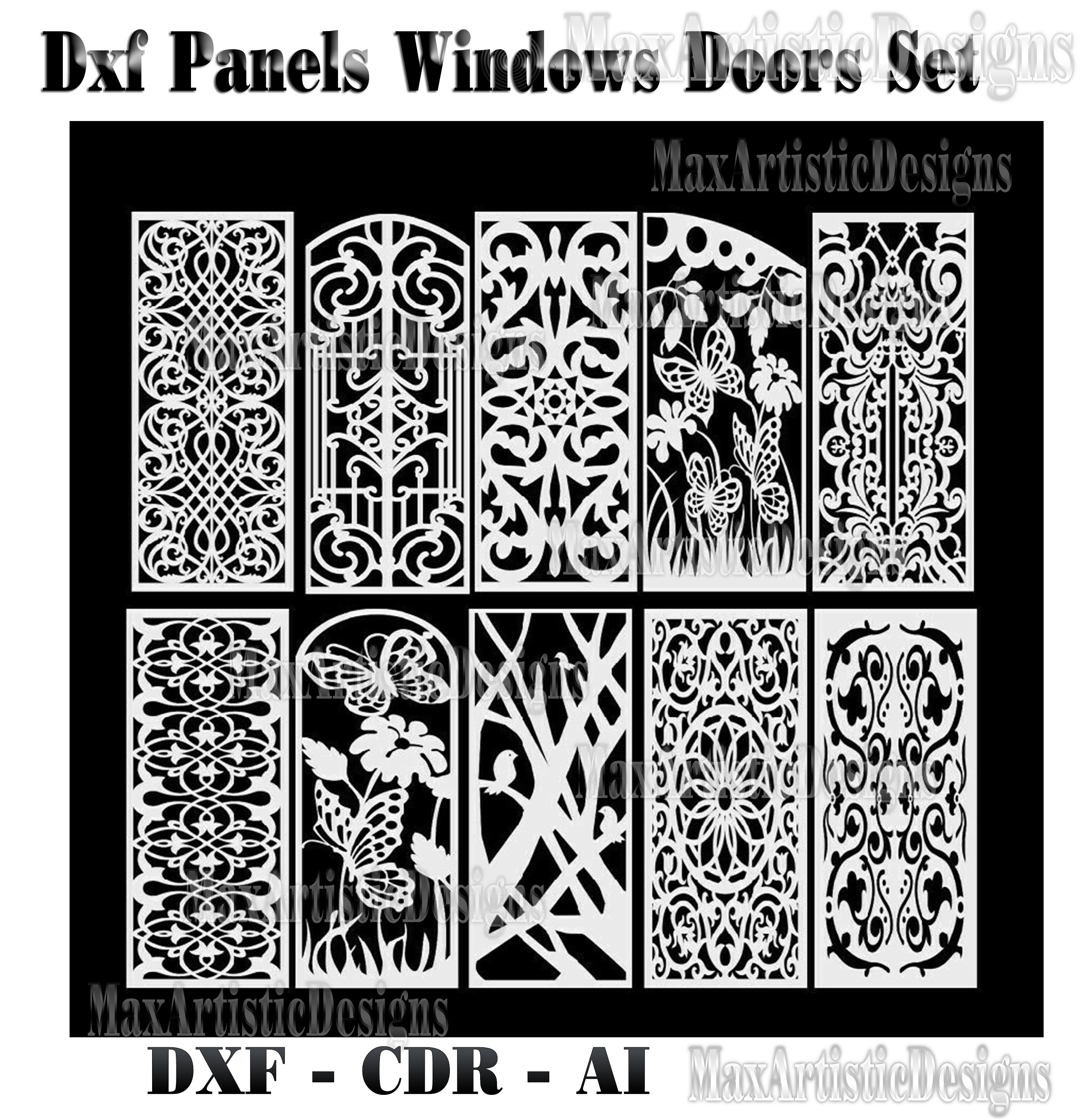 10 cnc vector dxf cdr paneles de puertas de decoración para enrutador láser de plasma cortado archivo de arte ai descarga probada
