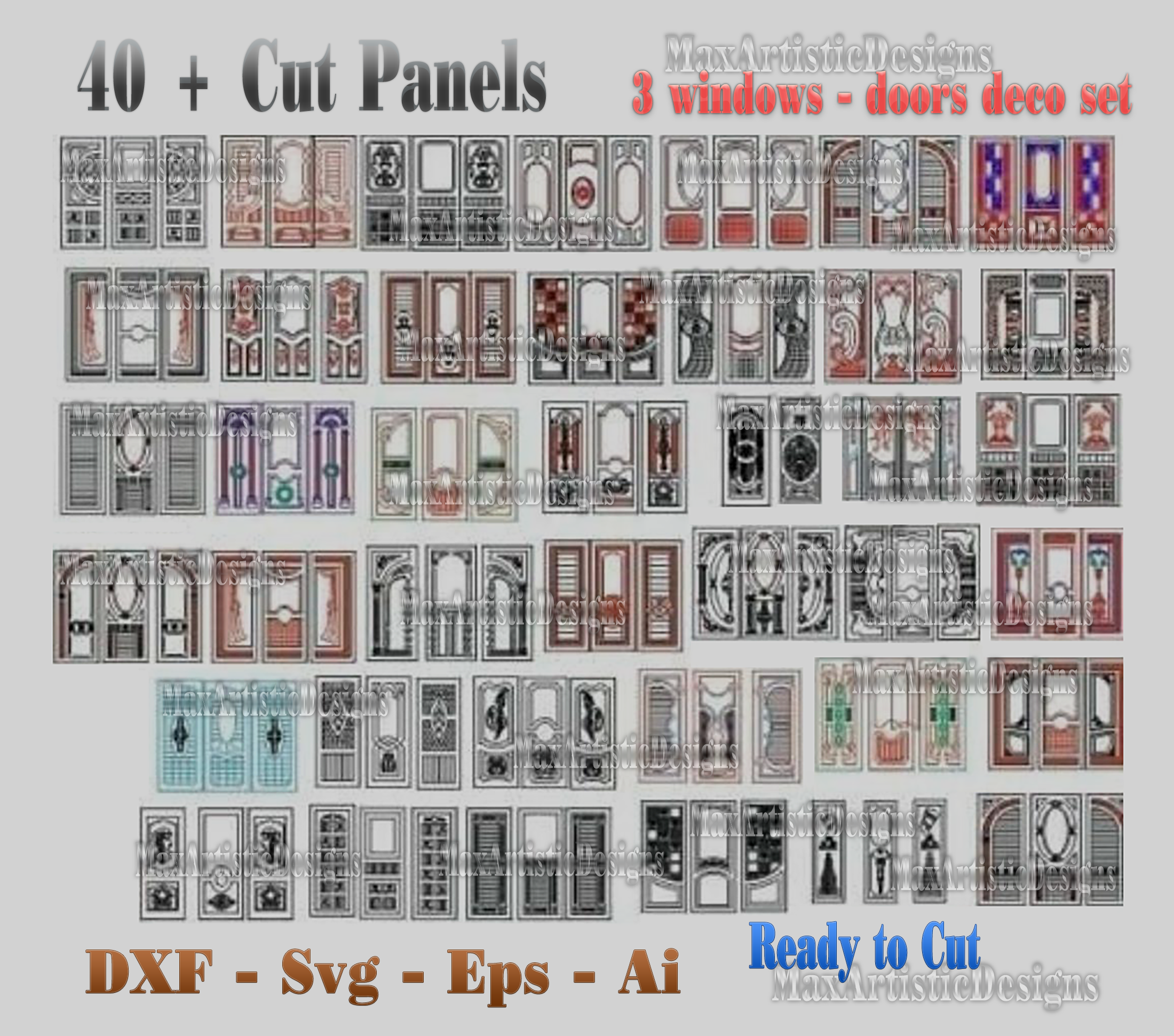 40 + dxf cdr vector pack "3 porte unite pannelli" file cnc vector per il download del taglio laser del router al plasma