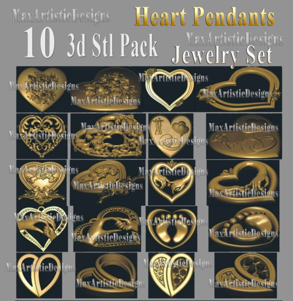 10 stl Jewelry Heart Pendant 3d model STL relief for CNC Router STL format Art